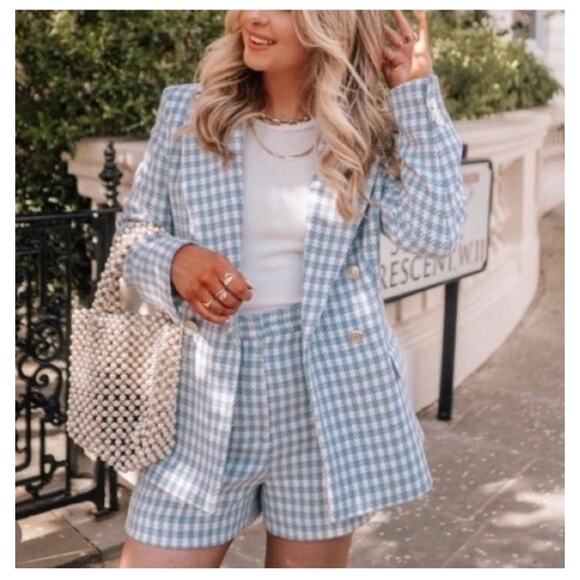 Zara Houndstooth Double-Breasted Blazer Jacket in Blue ASO Princess Kate Sz S - Picture 2 of 16